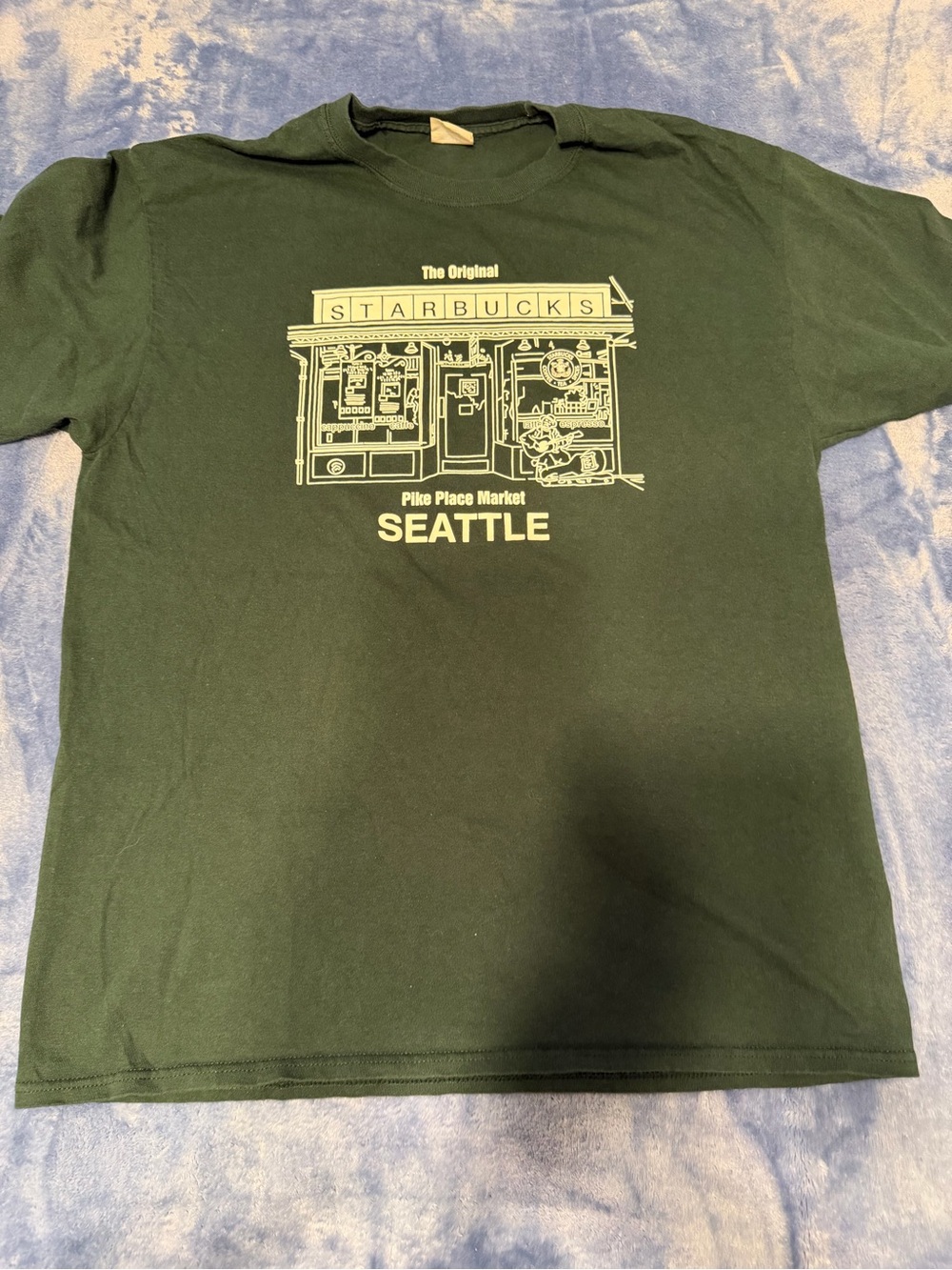 Starbucks Dark Green Tee with White Storefront Graphic